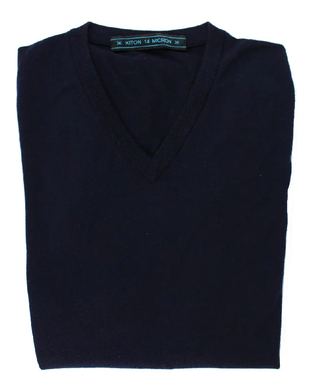 Kiton Sweater 14 Micron Wool Dark Navy V-Neck M - EUR 50 SALE