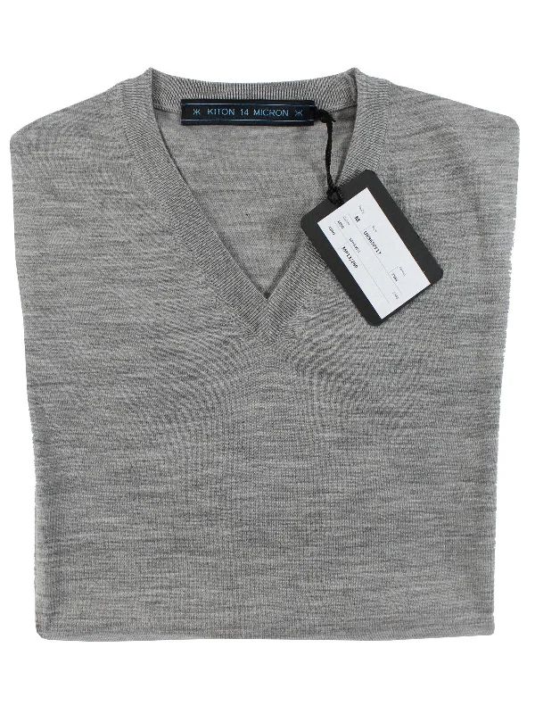 Kiton Sweater Gray 14 Micron Wool V-Neck - EU 50/ M SALE