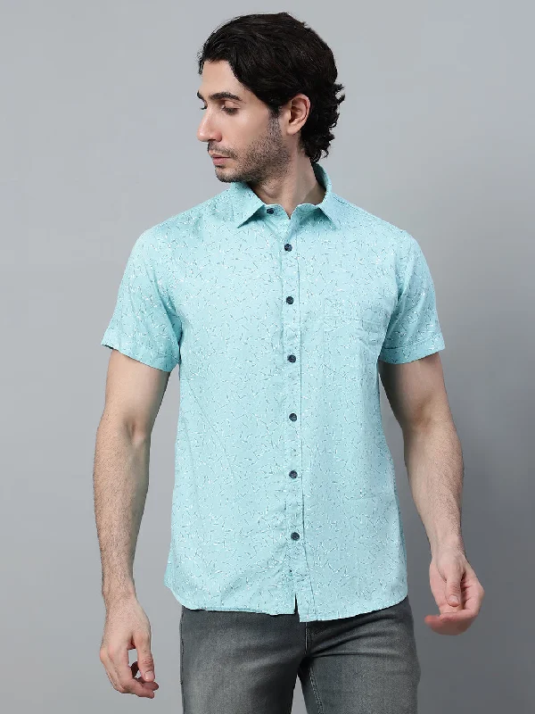 Men's Aqua Blue Casual Abstract Print Half Sleeve Shirt