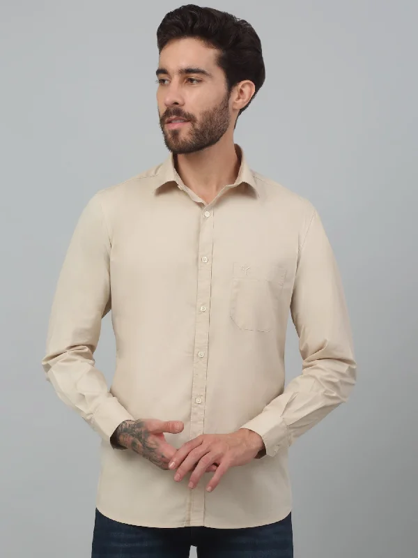 Men's Beige Casual Plain Stretch Full Sleeve Shirt