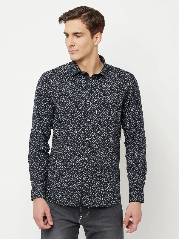 Men's Black Casual Floral Ditsy Print Full Sleeve Shirt