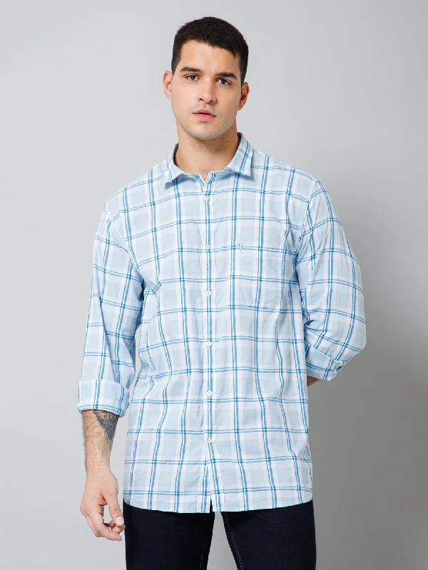 Men's Aqua Blue Casual Big Checks Full Sleeve Shirt