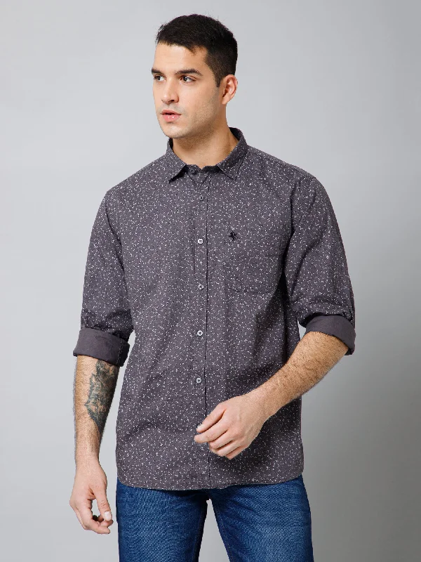 Men's Dark Grey Casual Floral Print Full Sleeve Shirt