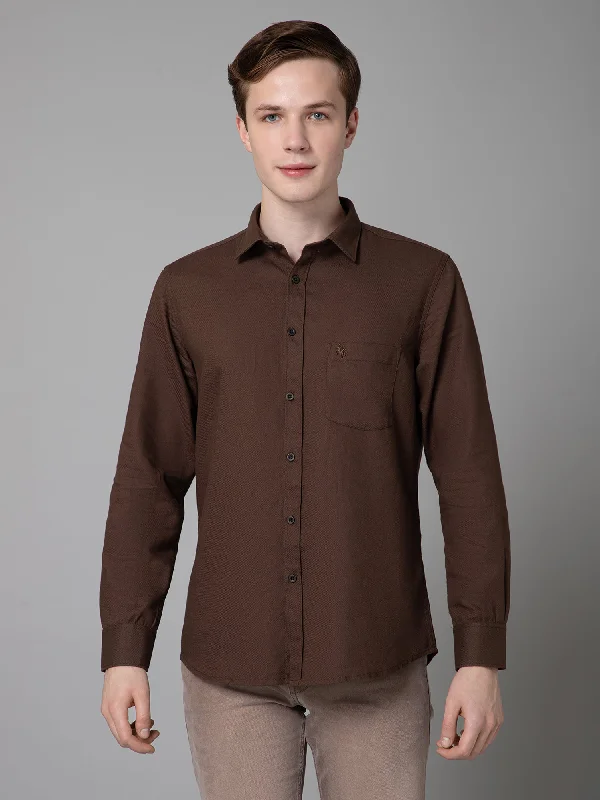 Men's Brown Casual Self Textured Full Sleeve Shirt