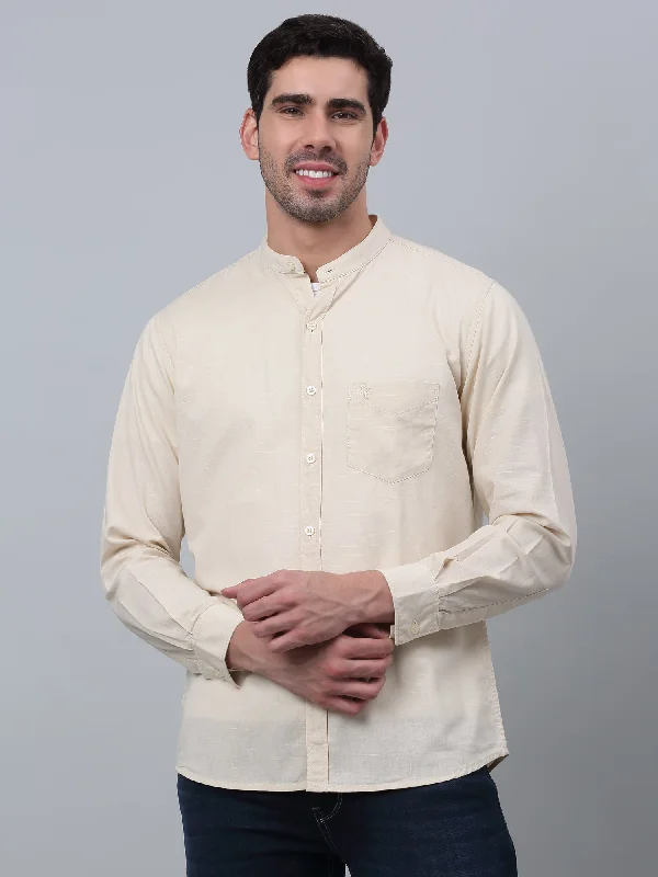 Men's Beige Casual Plain Full Sleeve Shirt