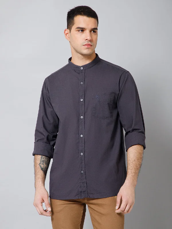 Men's Dark Grey Casual Plain Full Sleeve Shirt