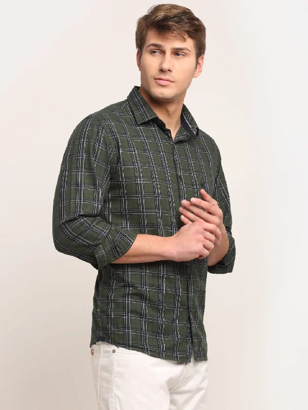 Men Cotton Checkered Green Full Sleeve Casual Shirt for Men with Pocket