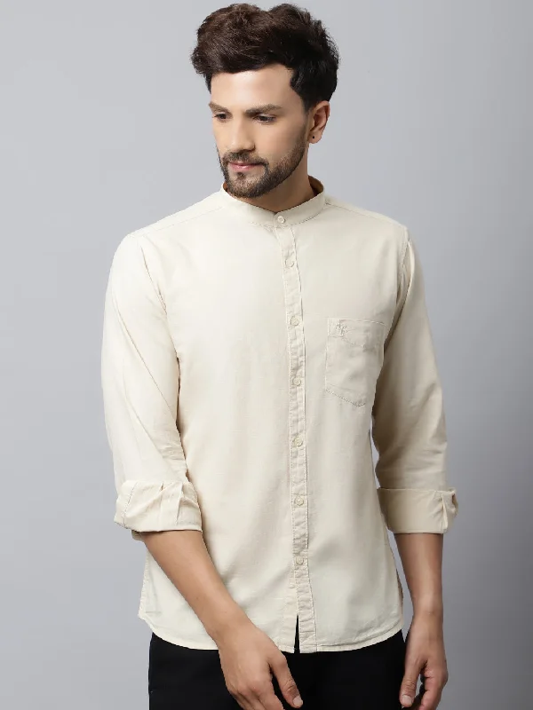 Men's Beige Casual Plain Full Sleeve Shirt