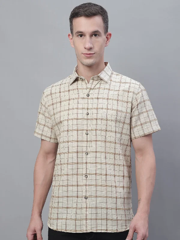 Men's Beige Casual Big Checks Half Sleeve Shirt