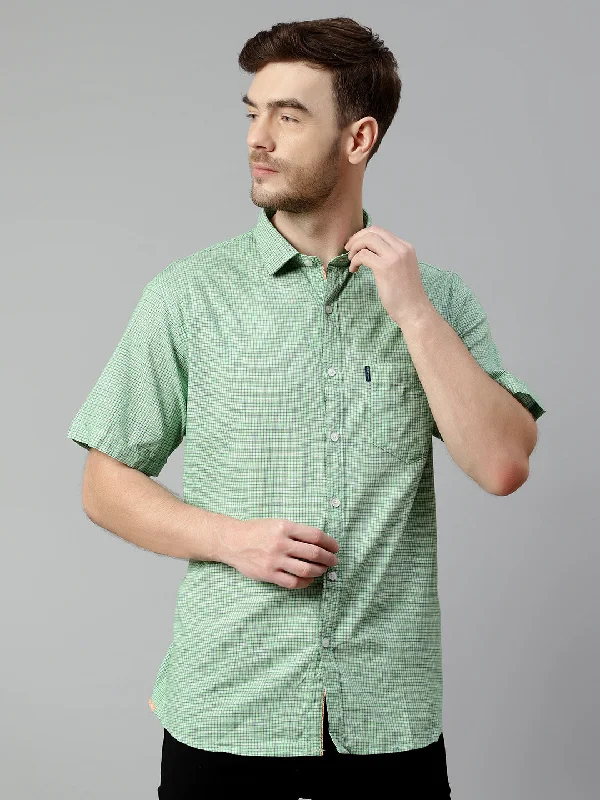 Cotton Checkered Green Half Sleeve Regular Fit Casual Shirt for Men with Pocket