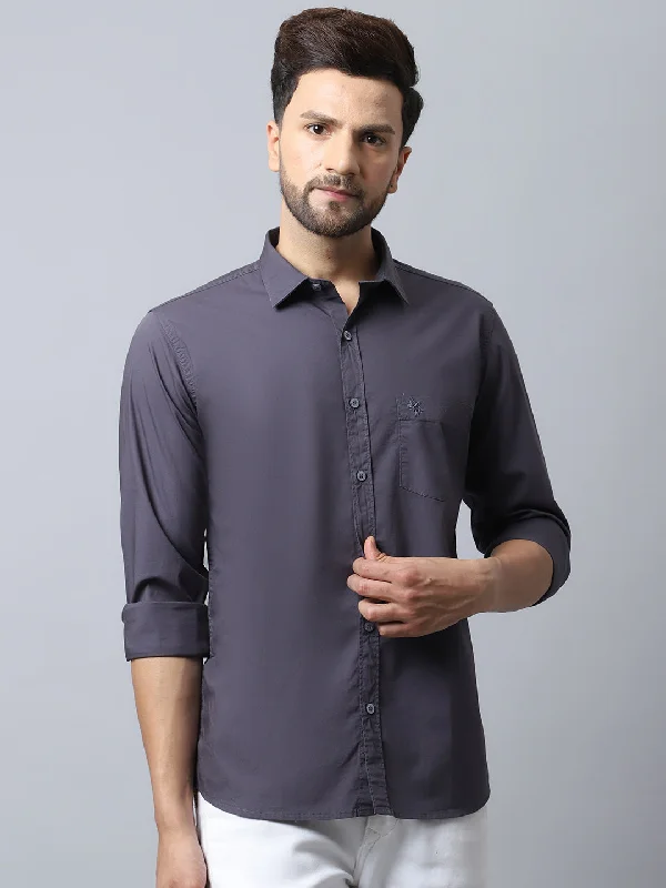 Men's Dark Grey Casual Plain Stretch Full Sleeve Shirt