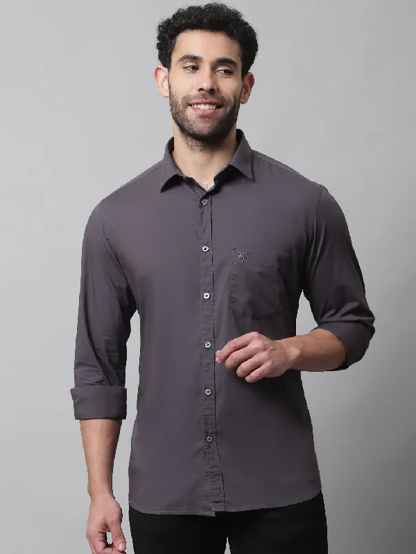 Men's Dark Grey Casual Plain Stretch Full Sleeve Shirt