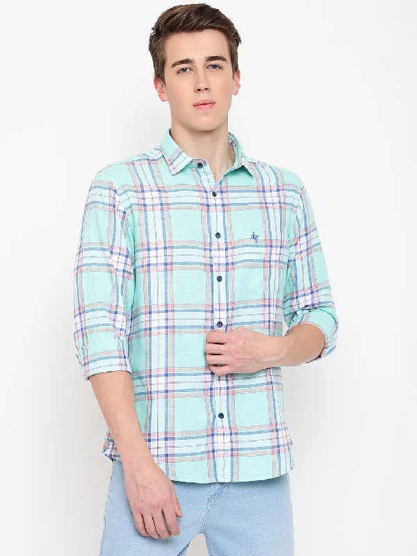 Men's Aqua Green Casual Big Checks Full Sleeve Shirt