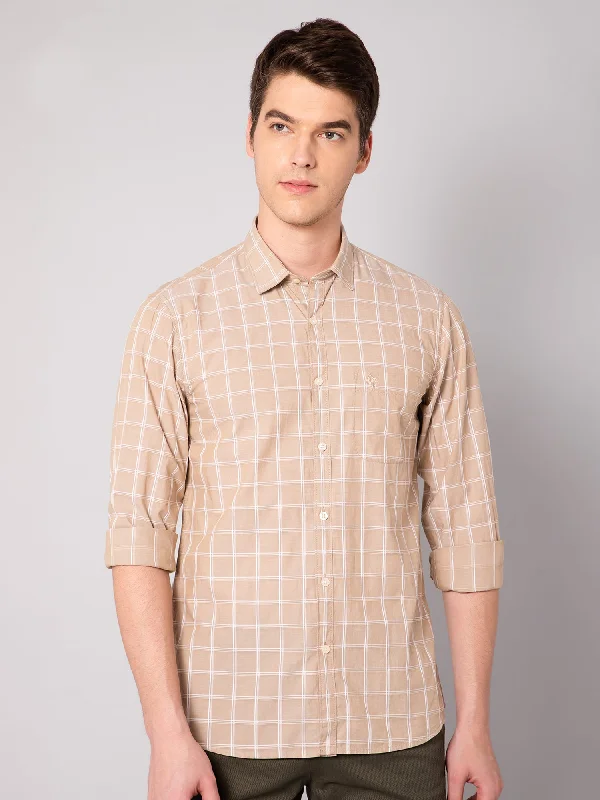 Men's Beige Casual Medium Checks Full Sleeve Shirt