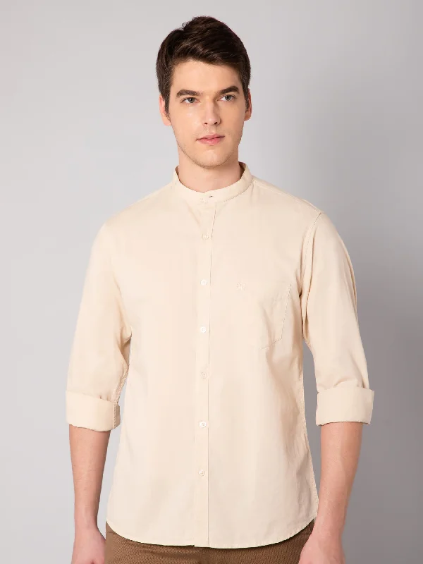 Men's Beige Casual Plain Full Sleeve Shirt