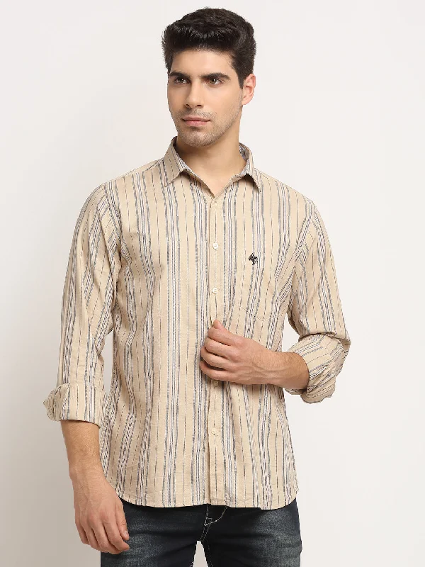 Men Cotton Striped Beige Full Sleeve Casual Shirt for Men with Pocket