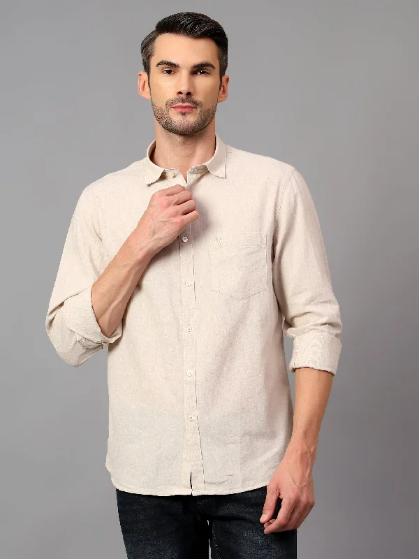 Men's Beige Casual Plain Full Sleeve Shirt