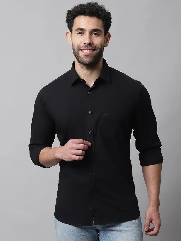 Men's Black Casual Plain Stretch Full Sleeve Shirt