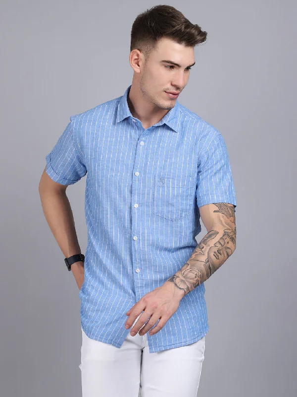 Men's Blue Casual Thin Stripe Half Sleeve Shirt