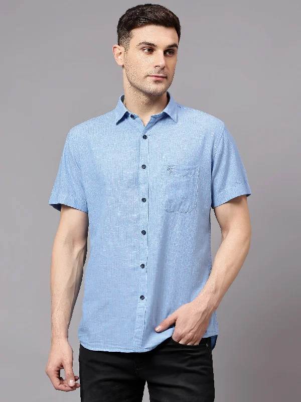 Men's Blue Casual Thin Stripe Half sleeve Shirt