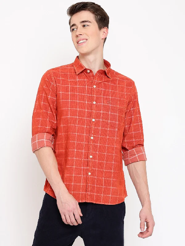 Men's Bright Red Casual Medium Checks Print Corduroy Full Sleeve Shirt