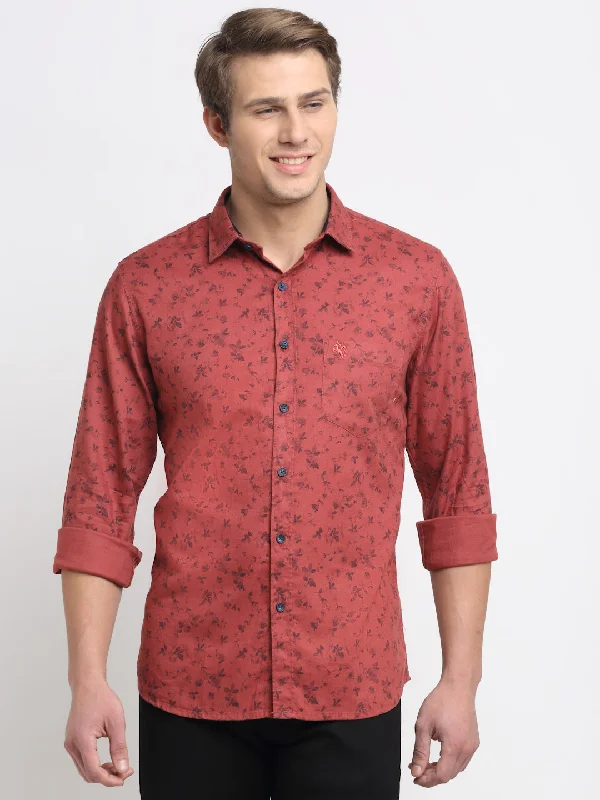 Men Cotton Printed Red Full Sleeve Casual Shirt for Men with Pocket