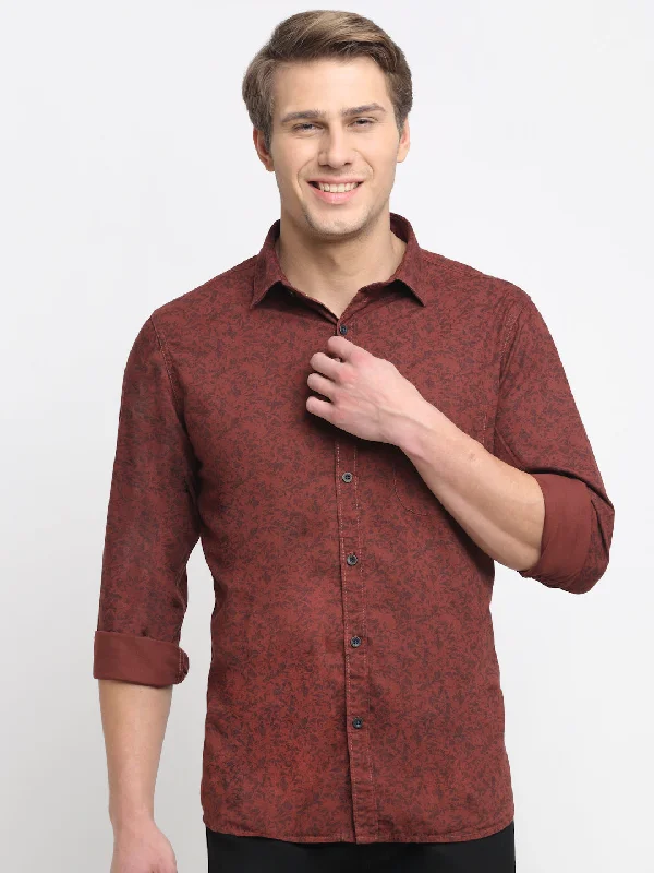 Men Cotton Printed Brown Full Sleeve Casual Shirt for Men with Pocket