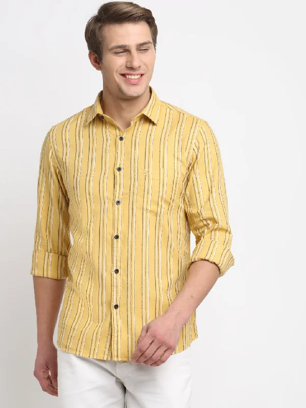 Men Cotton Striped Mustard Full Sleeve Casual Shirt for Men with Pocket