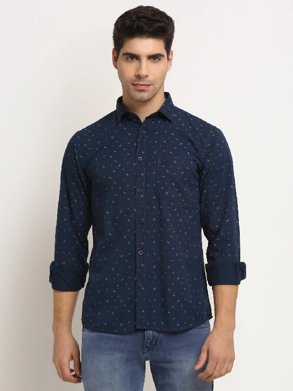 Men Cotton Printed Navy Blue Full Sleeve Casual Shirt for Men with Pocket