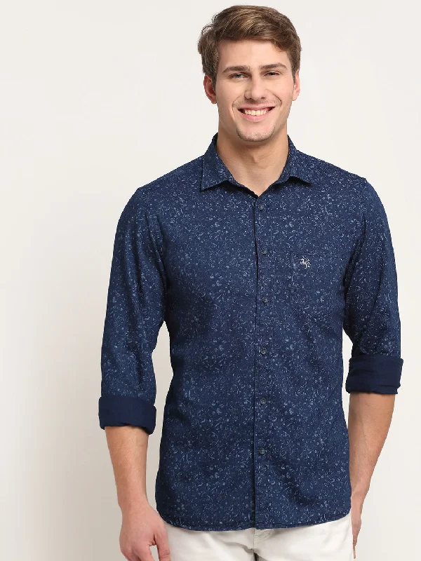 Men Cotton Printed Navy Blue Full Sleeve Casual Shirt for Men with Pocket