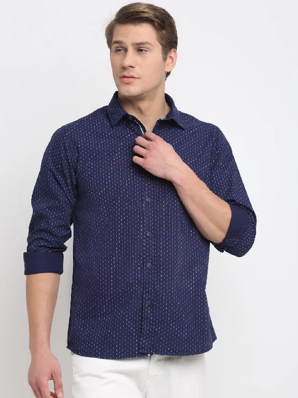 Men Cotton Printed Navy Blue Full Sleeve Casual Shirt for Men with Pocket