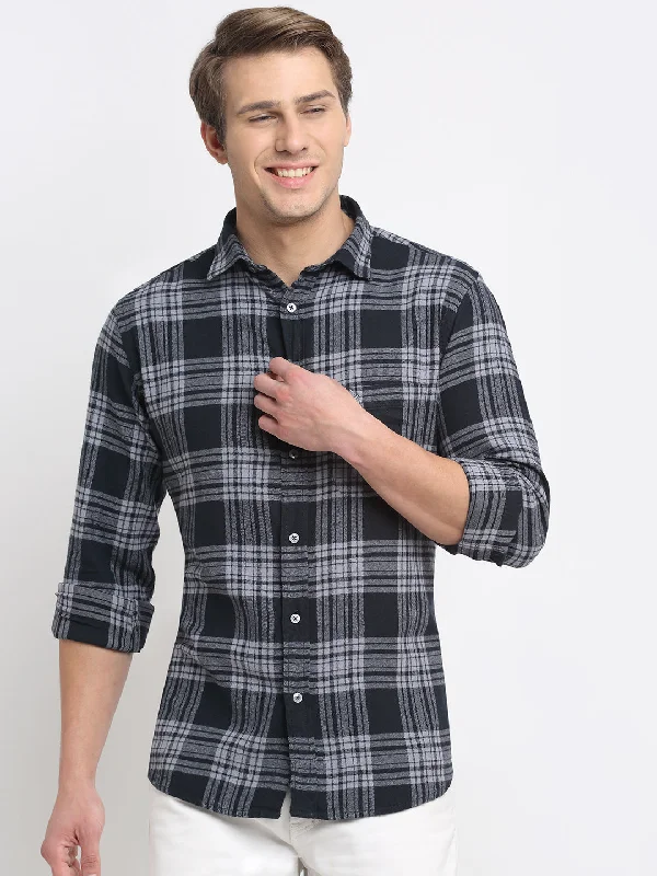 Men Cotton Checkered Navy Full Sleeve Casual Shirt for Men with Pocket