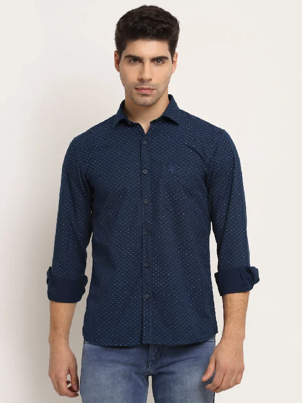 Men Cotton Printed Navy Blue Full Sleeve Casual Shirt for Men with Pocket