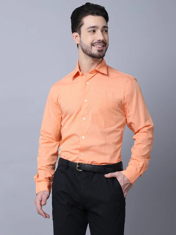 Men Orange Cotton Blend Solid Full Sleeves Regular Fit Formal Shirt with Pocket