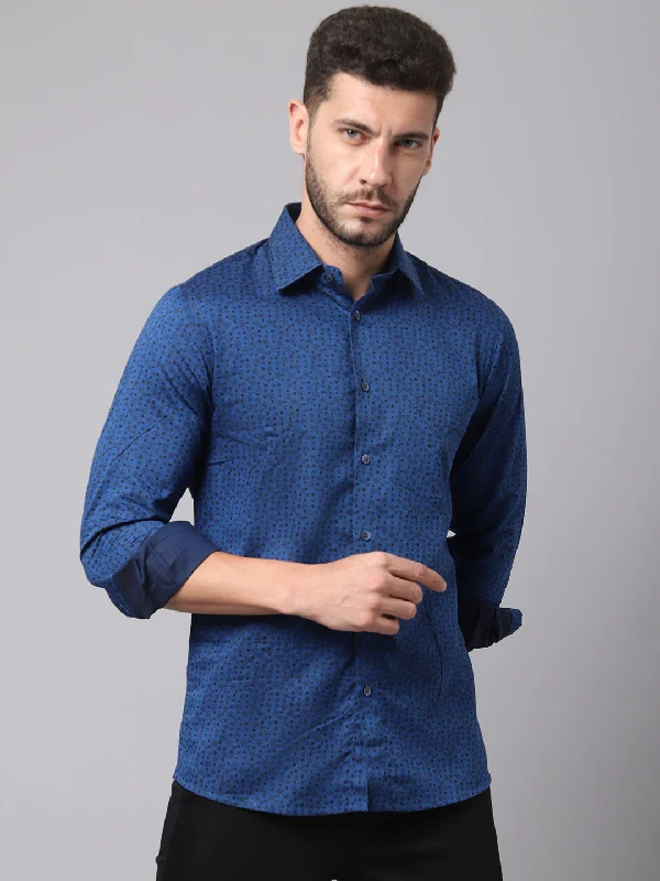 Cotton Printed Royal Blue Full Sleeve Regular Fit Casual Shirt for Men with Pocket