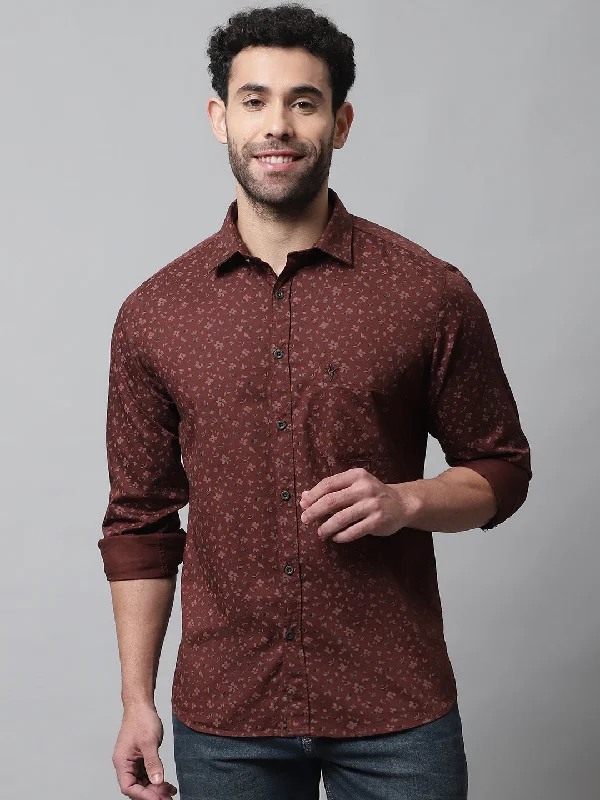 Men's Burgundy Casual Floral Print Full Sleeve Shirt