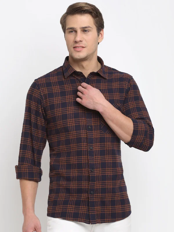 Men Cotton Checkered Rust Full Sleeve Casual Shirt for Men with Pocket