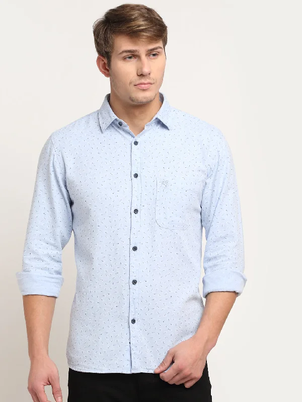 Men Cotton Printed Sky Blue Full Sleeve Casual Shirt for Men with Pocket