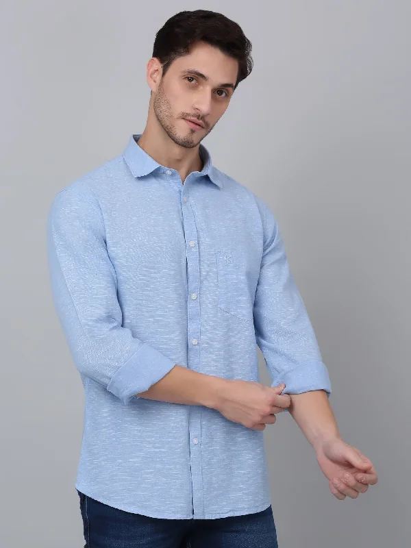 Men's Blue Casual Plain Full Sleeve Shirt