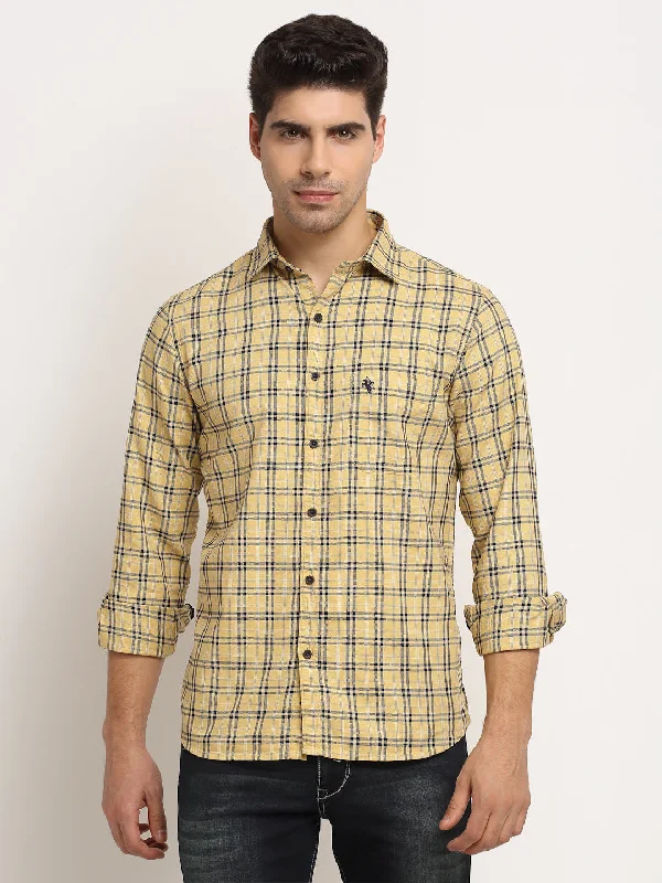 Men Cotton Checkered Yellow Full Sleeve Casual Shirt for Men with Pocket