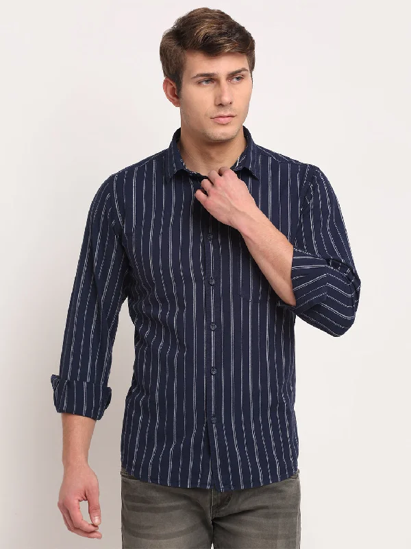 Men Cotton Striped Navy Blue Full Sleeve Casual Shirt for Men with Pocket