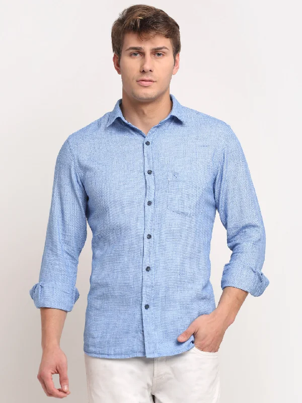 Men Cotton Self Design Sky Blue Full Sleeve Casual Shirt for Men with Pocket