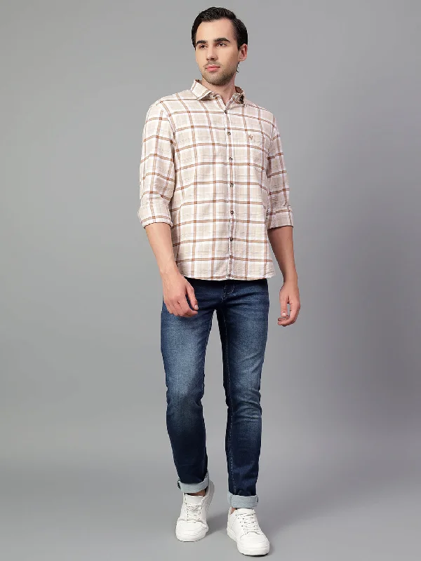 Men's Beige Checked Full Sleeve Casual Shirt