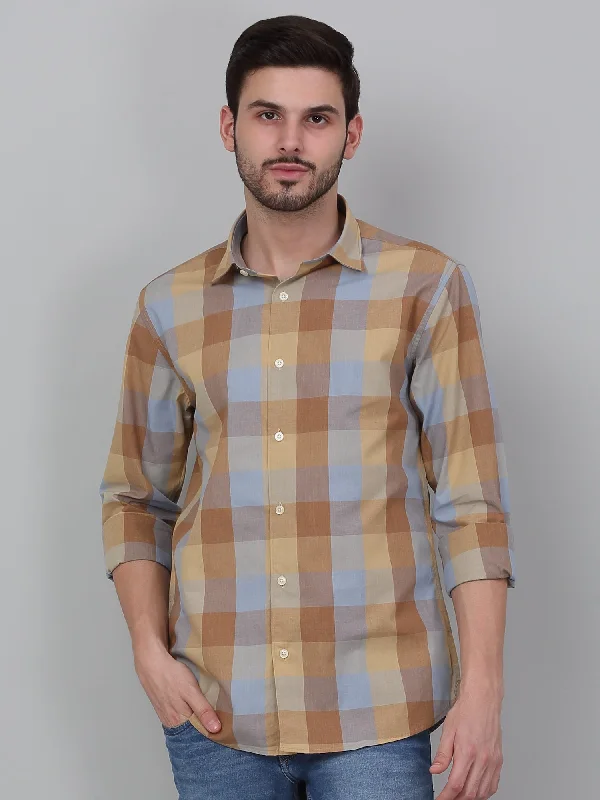 Men's Beige Checkered Full Sleeve Casual Shirt