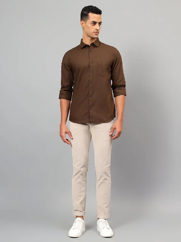 Men's Brown Self Design Full Sleeves Casual Shirt