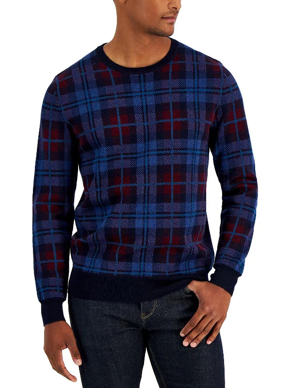 Mens Merino Wool Blend Plaid Pullover Sweater