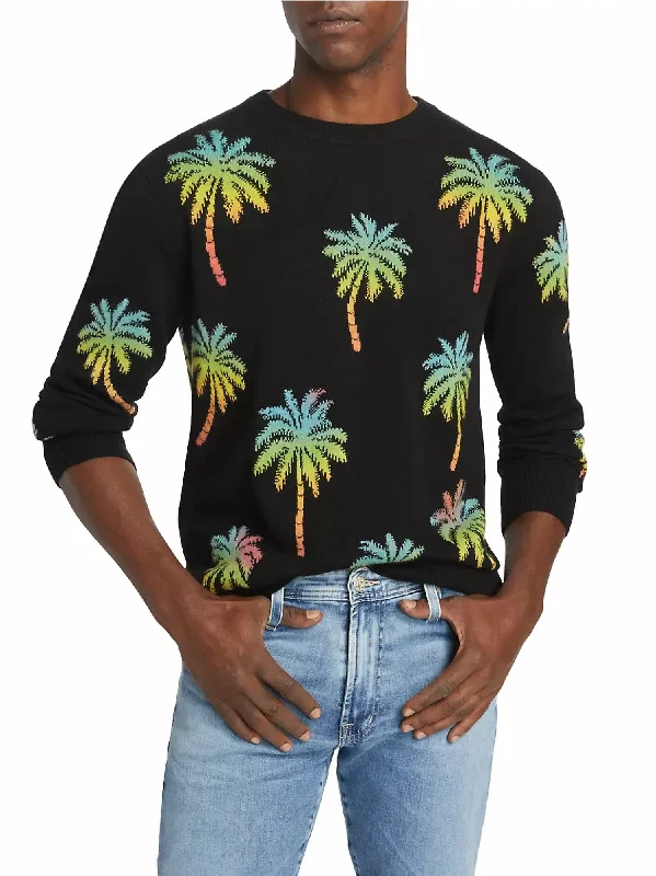 Ombre Dye Palm Tree Crew Sweater In Black Rainbow